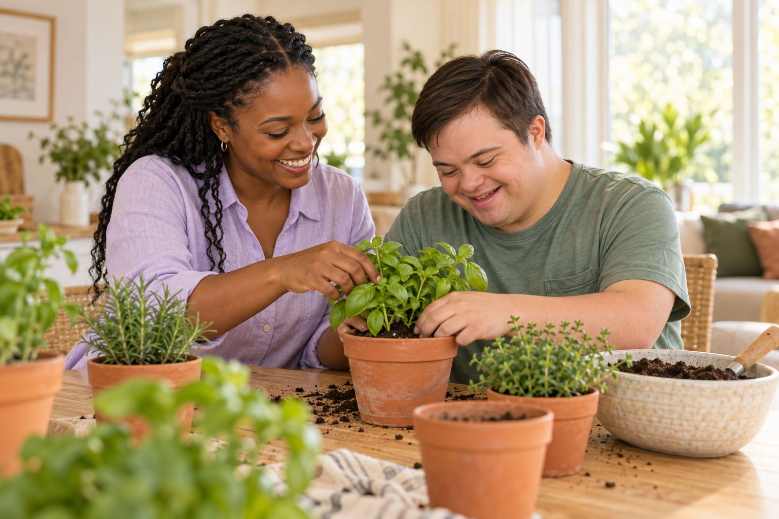 A support professional and an adult planting herbs together at home